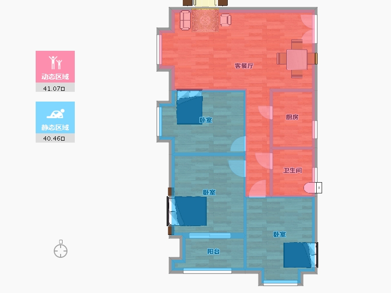 陕西省-西安市-摩卡思想家1号楼B户型93m²-74.03-户型库-动静分区