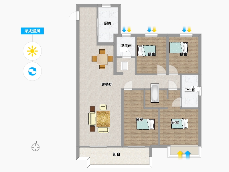 陕西省-西安市-保利和光尘樾E户型140m²-112.00-户型库-采光通风