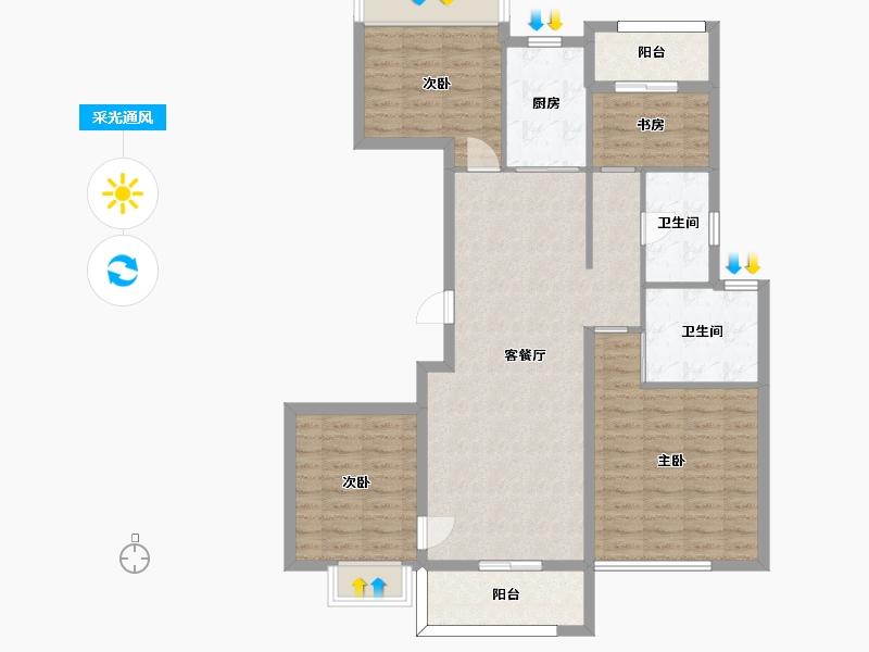 江苏省-苏州市-宝龙名仕豪庭E户型128.85m²-103.08-户型库-采光通风