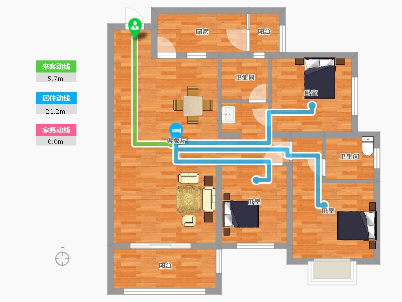 陕西省-西安市-香林郡1号楼B4户型113m²-90.40-户型库-动静线