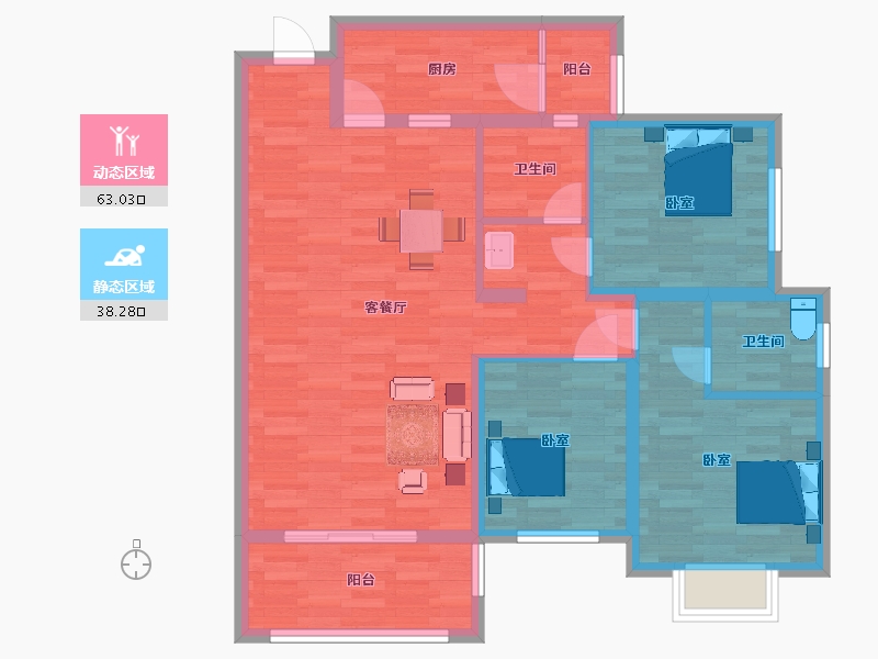 陕西省-西安市-香林郡1号楼B4户型113m²-90.40-户型库-动静分区