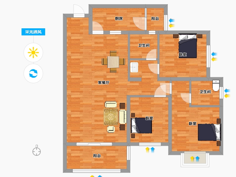 陕西省-西安市-香林郡1号楼B4户型113m²-90.40-户型库-采光通风