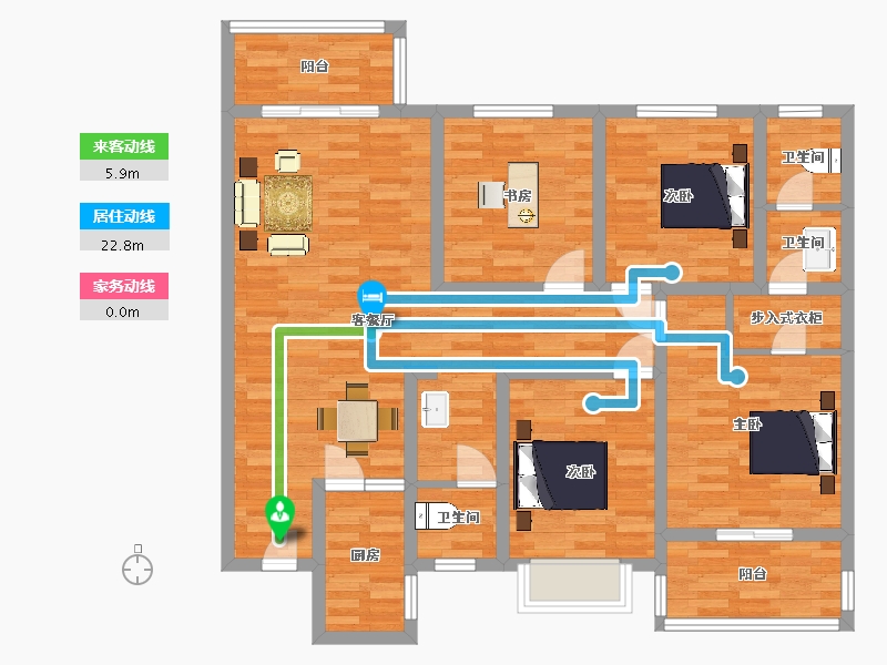 陕西省-西安市-香林郡1号楼B2户型136m²-108.80-户型库-动静线