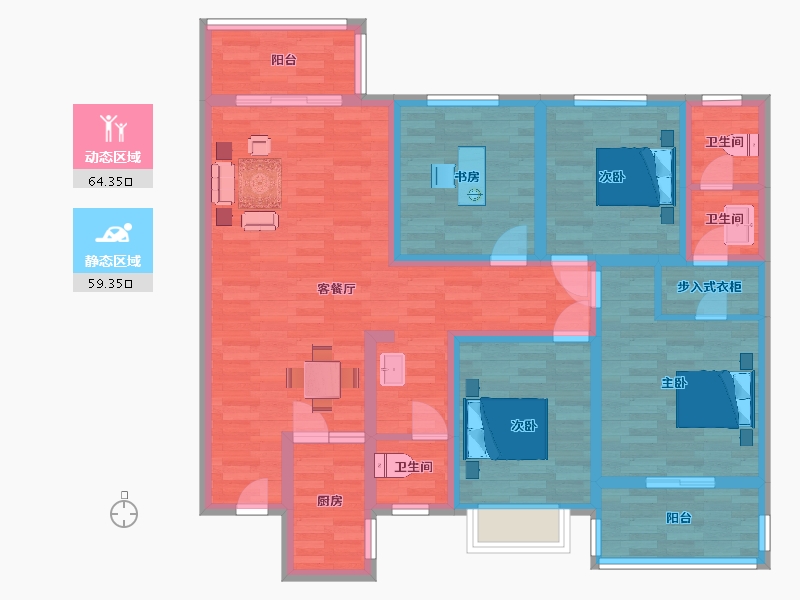 陕西省-西安市-香林郡1号楼B2户型136m²-108.80-户型库-动静分区