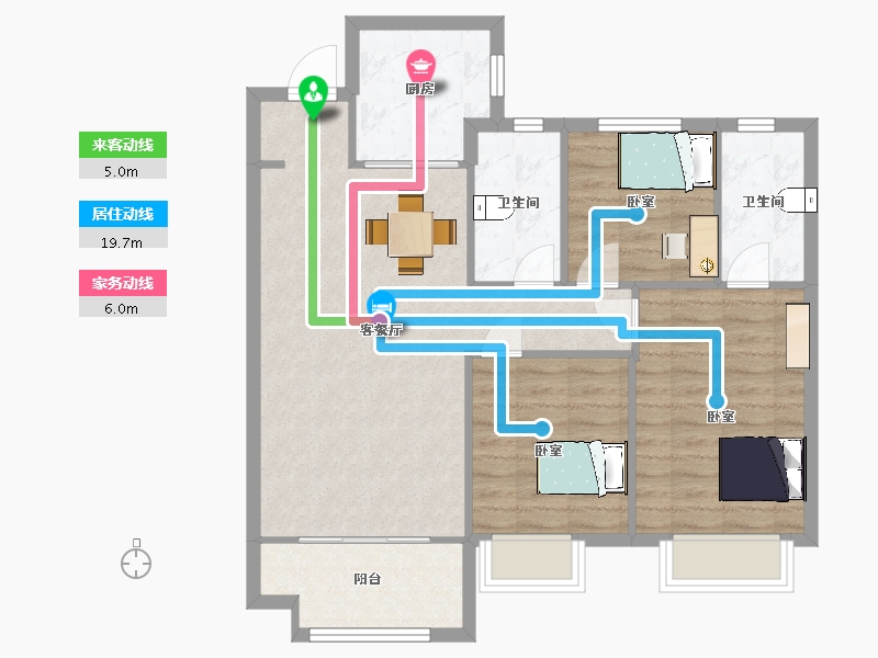 陕西省-西安市-奥园誉峯1号楼,5号楼,2号楼B户型105m²-84.73-户型库-动静线