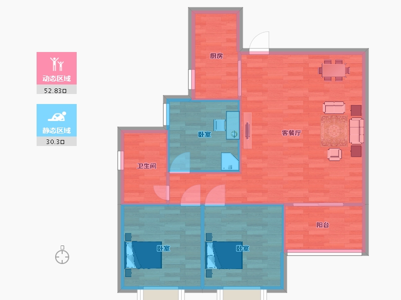 陕西省-西安市-白桦林家愿2号楼C1户型95m²-76.00-户型库-动静分区