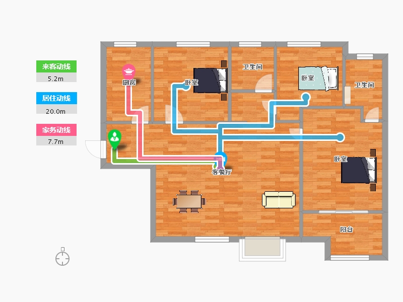 陕西省-西安市-白桦林家愿1号楼,2号楼B户型114m²-91.00-户型库-动静线