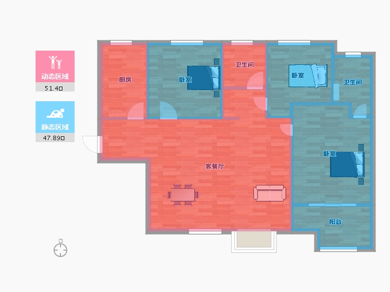 陕西省-西安市-白桦林家愿1号楼,2号楼B户型114m²-91.00-户型库-动静分区