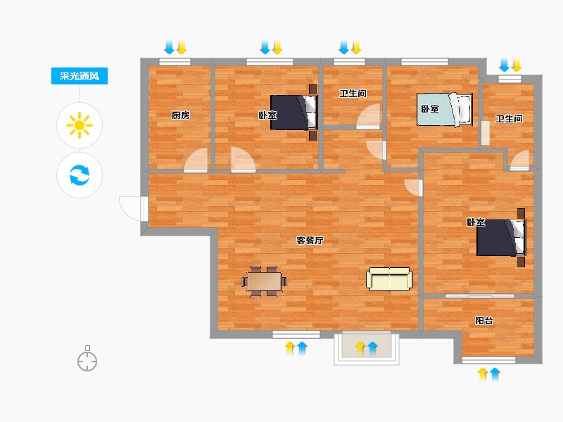 陕西省-西安市-白桦林家愿1号楼,2号楼B户型114m²-91.00-户型库-采光通风