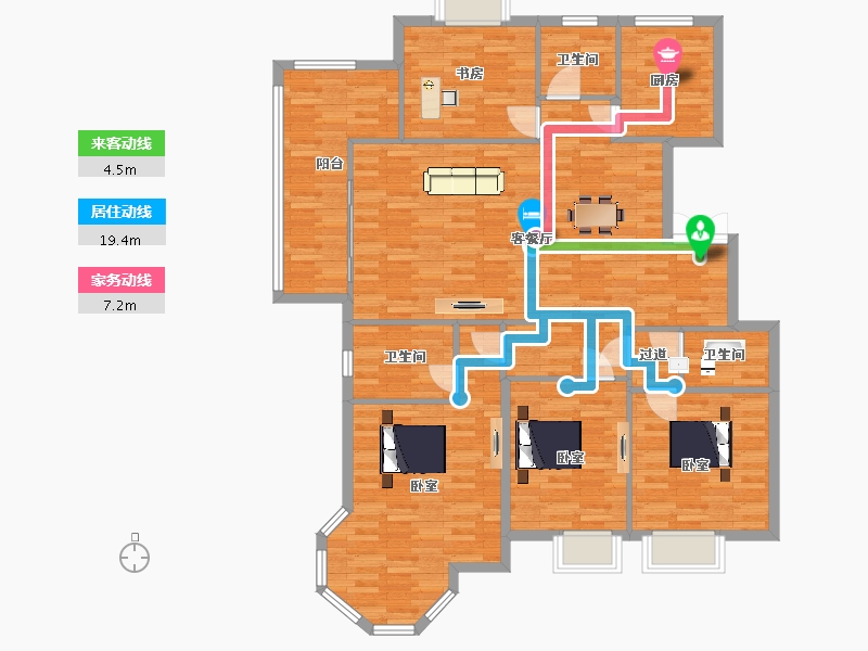 陕西省-西安市-汇鑫群贤北府8号楼,10号楼,E5户型166m²-132.99-户型库-动静线