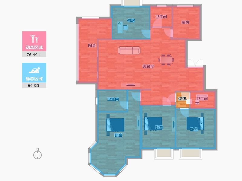 陕西省-西安市-汇鑫群贤北府8号楼,10号楼,E5户型166m²-132.99-户型库-动静分区