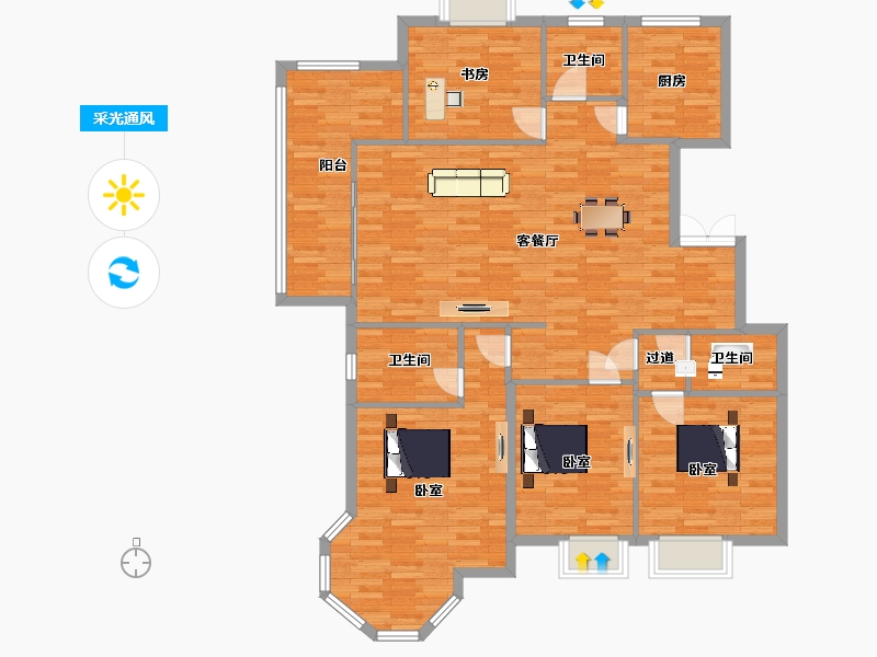 陕西省-西安市-汇鑫群贤北府8号楼,10号楼,E5户型166m²-132.99-户型库-采光通风