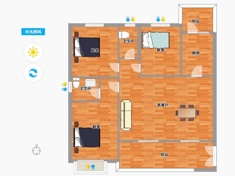 陕西省-西安市-奥韵华府K4户型130m²-106.08-户型库-采光通风