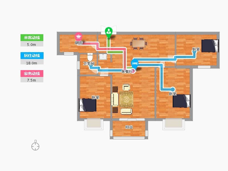 陕西省-西安市-观园壹号5号楼B2户型113m²-90.00-户型库-动静线