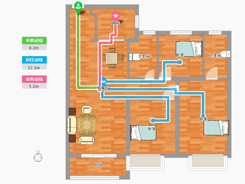 陕西省-西安市-凤栖云筑1,2,3,5号楼B户型108m²-85.99-户型库-动静线