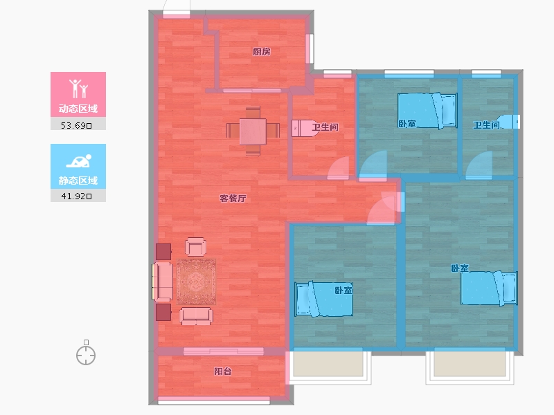 陕西省-西安市-凤栖云筑1,2,3,5号楼B户型108m²-85.99-户型库-动静分区