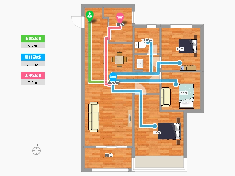 陕西省-西安市-凤栖云筑2号楼,5号楼C户型95m²-75.99-户型库-动静线