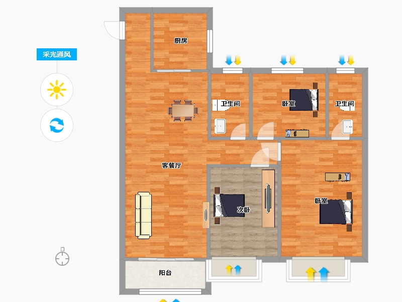 陕西省-西安市-凤栖云筑2号楼,5号楼A户型115m²-92.00-户型库-采光通风