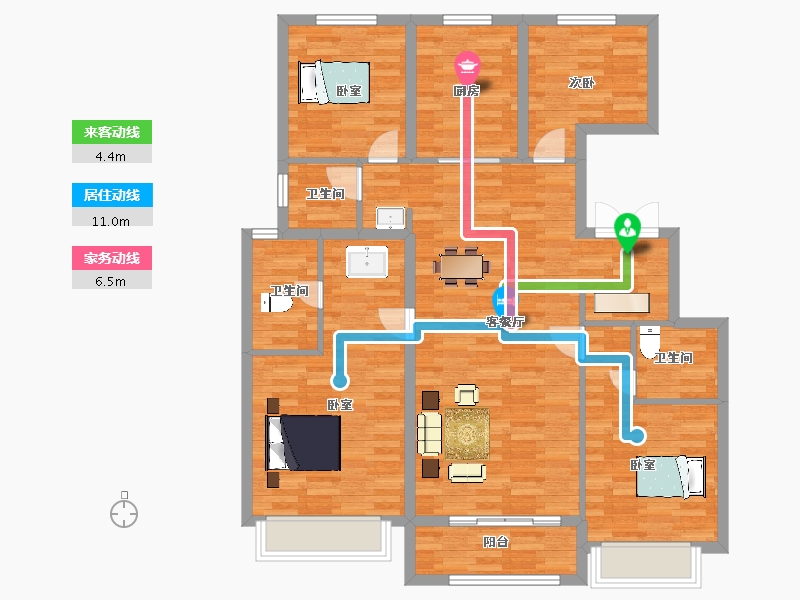 陕西省-西安市-凤栖云筑4号楼E户型141m²-113.00-户型库-动静线