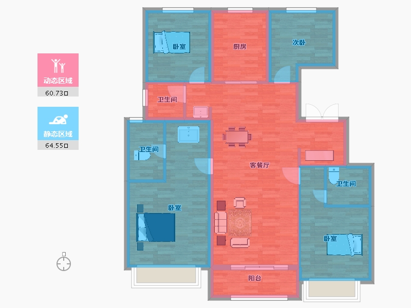 陕西省-西安市-凤栖云筑4号楼E户型141m²-113.00-户型库-动静分区