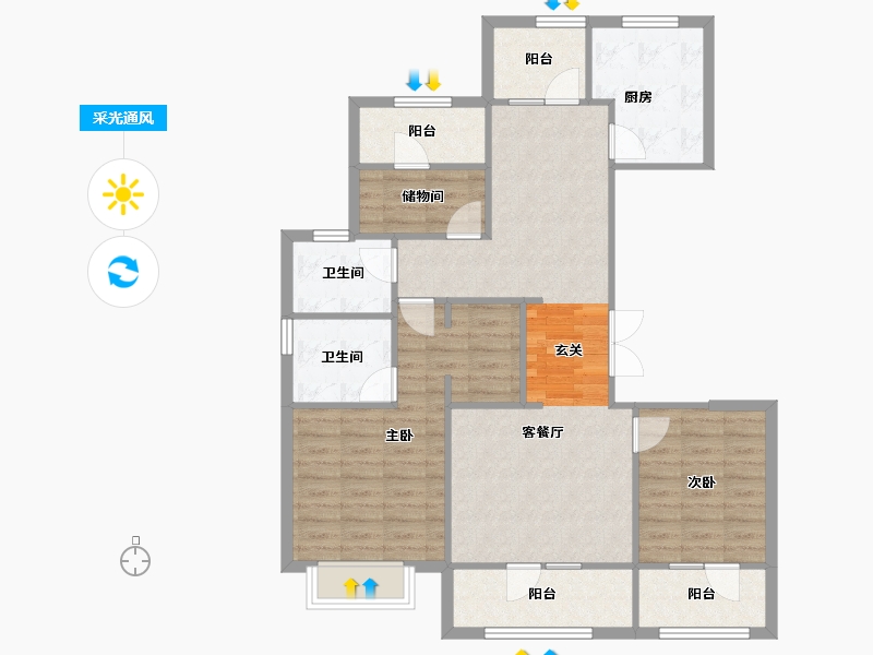 辽宁省-沈阳市-诺德阅香湖沧水街（9，8，6，13，3号楼）128m²-96.73-户型库-采光通风