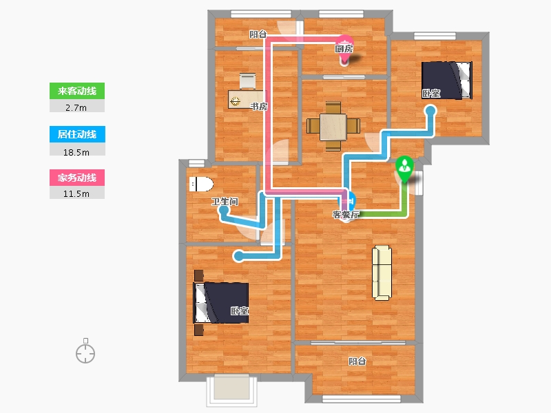 山东省-青岛市-忠观悦府C3户型111m²-88.80-户型库-动静线