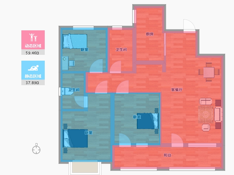 山东省-青岛市-我家阳光上城108m²-86.40-户型库-动静分区