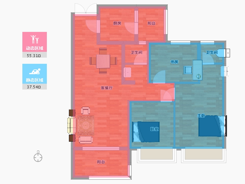 陕西省-西安市-蓝光公园华府109㎡-81.94-户型库-动静分区