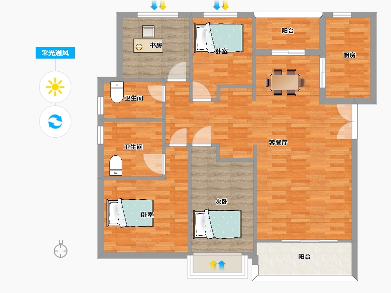 陕西省-西安市-蓝光公园华府1号楼,二期1号楼A1栋132m²-103.19-户型库-采光通风