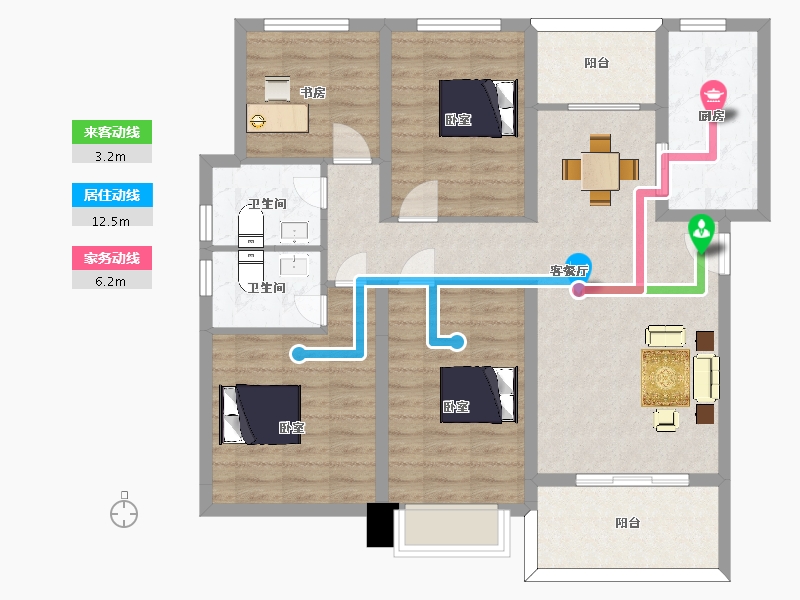 陕西省-西安市-蓝光公园华府132m²-100.65-户型库-动静线