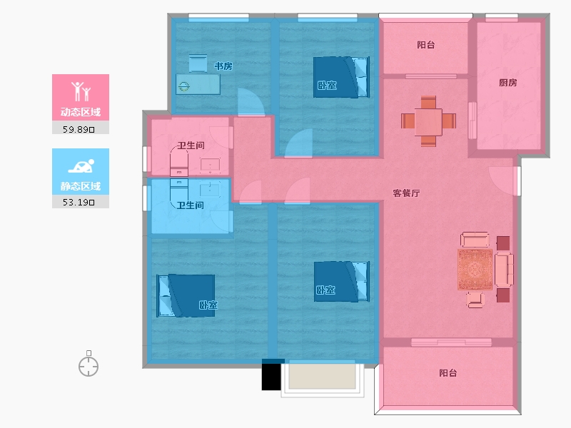 陕西省-西安市-蓝光公园华府132m²-100.65-户型库-动静分区