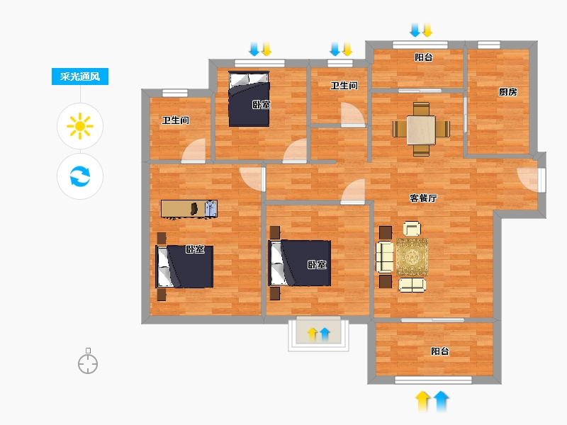 陕西省-西安市-汇悦城129㎡-89.90-户型库-采光通风