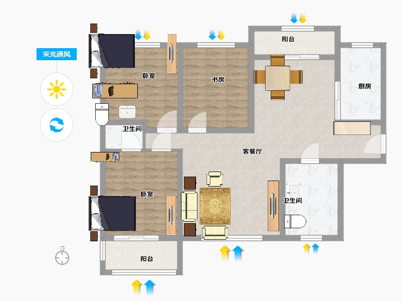 陕西省-西安市-科达东御兰汀5号楼120㎡-106.72-户型库-采光通风