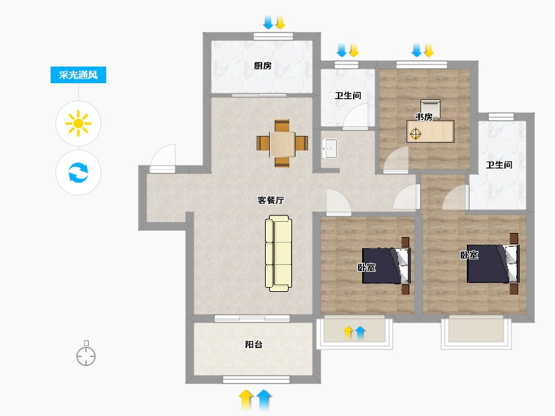 陕西省-西安市-朗诗未来街区104㎡-83.19-户型库-采光通风