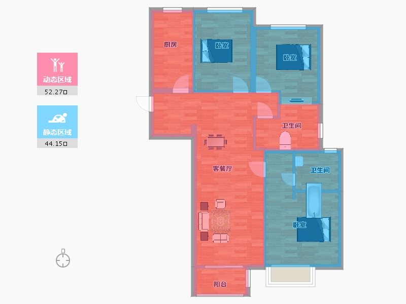 陕西省-西安市-富力开远城1号楼,2号楼120㎡-87.03-户型库-动静分区