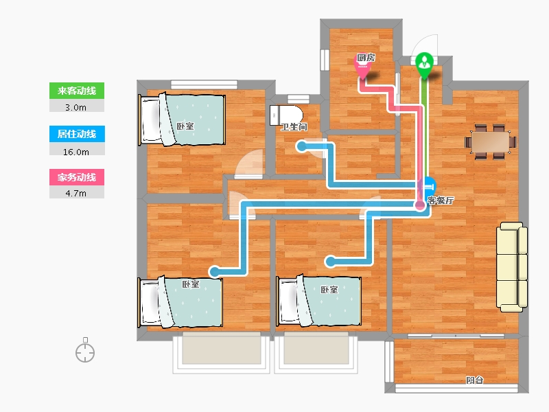 陕西省-西安市-富力开远城1号楼,2号楼108㎡-64.43-户型库-动静线