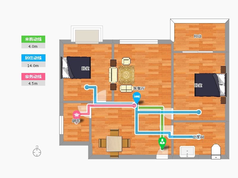 陕西省-西安市-皇族名居6号楼E户型83m²-66.25-户型库-动静线