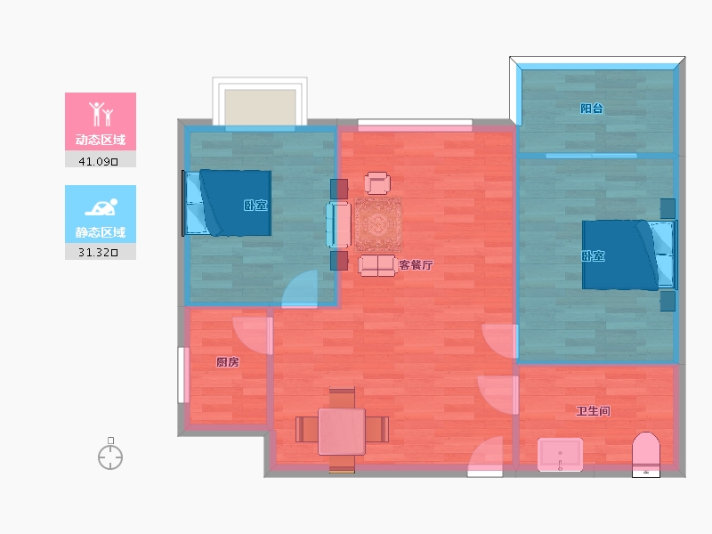 陕西省-西安市-皇族名居6号楼E户型83m²-66.25-户型库-动静分区