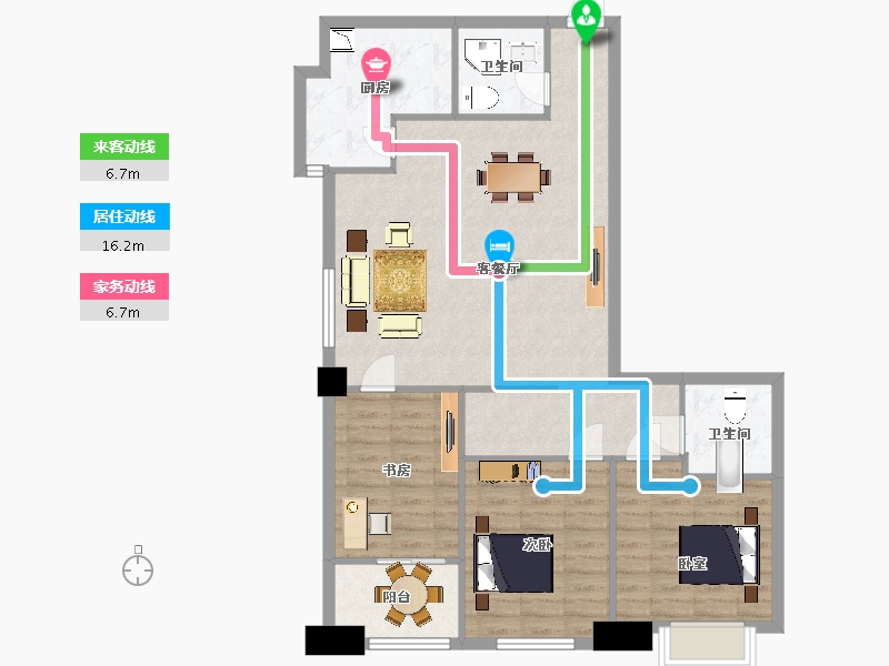 陕西省-西安市-元谷1号楼3室2厅2卫，129㎡-100.07-户型库-动静线