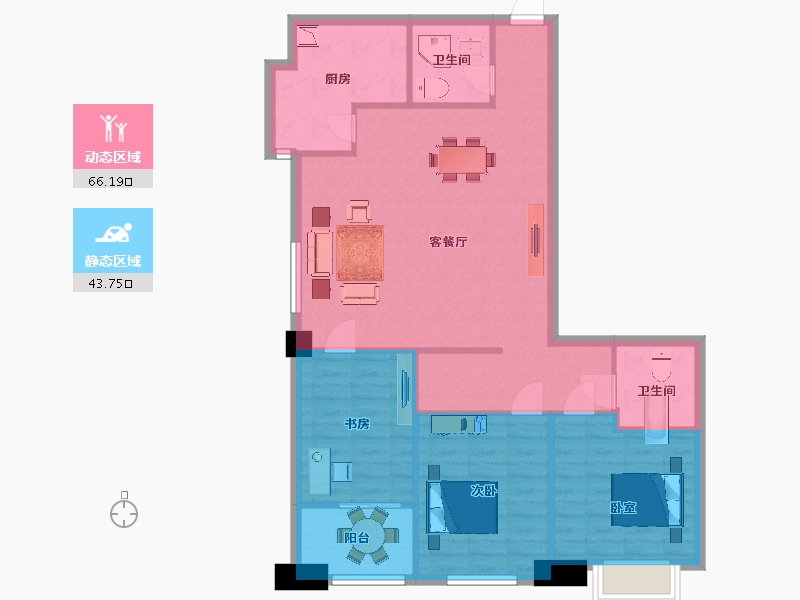 陕西省-西安市-元谷1号楼3室2厅2卫，129㎡-100.07-户型库-动静分区