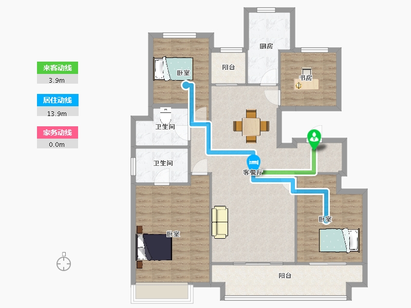 陕西省-西安市-华润置地曲江九里C户型150m²-123.66-户型库-动静线