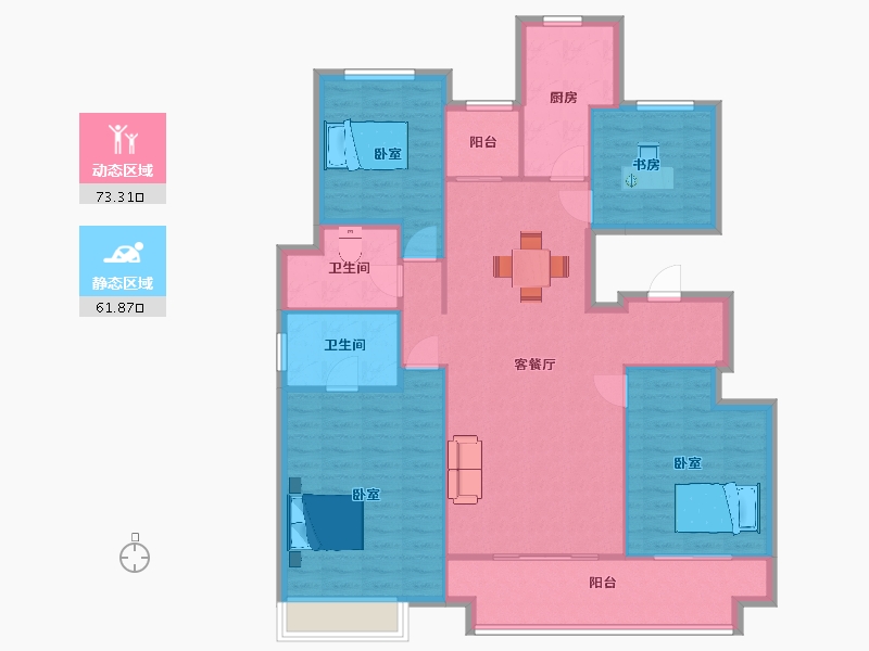 陕西省-西安市-华润置地曲江九里C户型150m²-123.66-户型库-动静分区