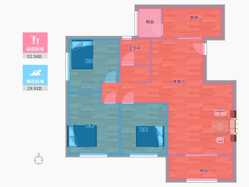 陕西省-西安市-朗诗雁南栖105㎡-74.61-户型库-动静分区