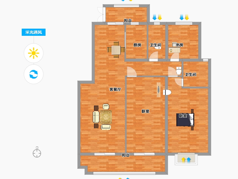 陕西省-西安市-雁泊台135㎡-133.41-户型库-采光通风