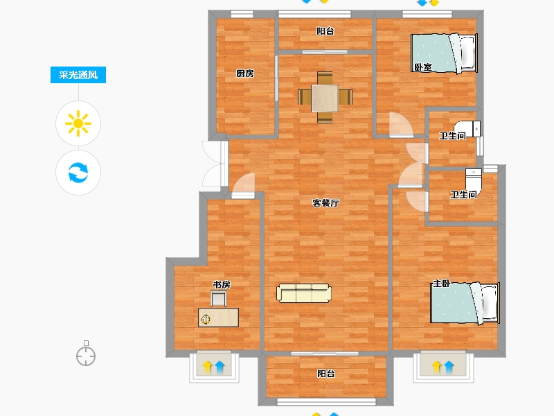 陕西省-西安市-雁泊台130㎡-102.61-户型库-采光通风