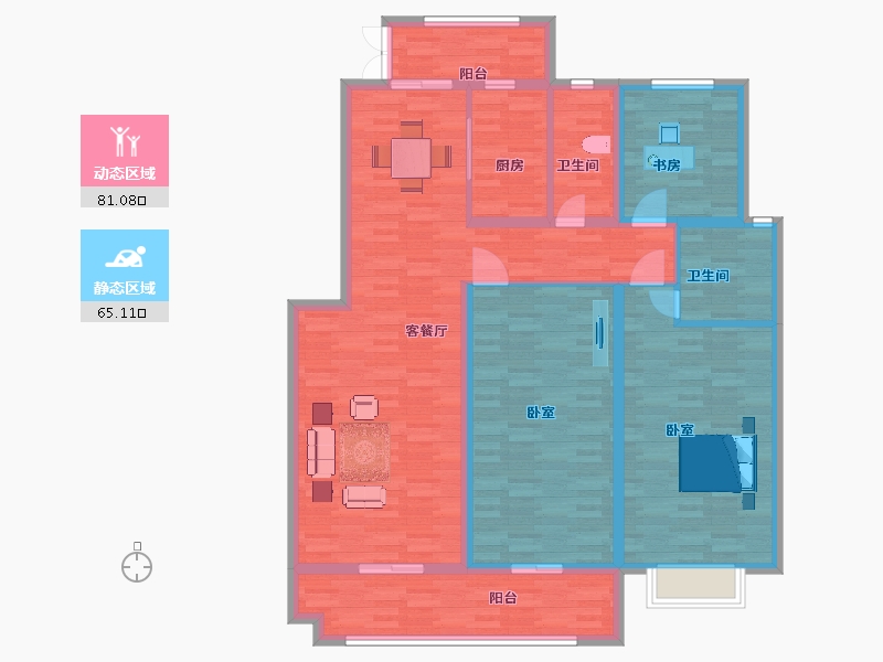 陕西省-西安市-雁泊台135㎡-131.89-户型库-动静分区