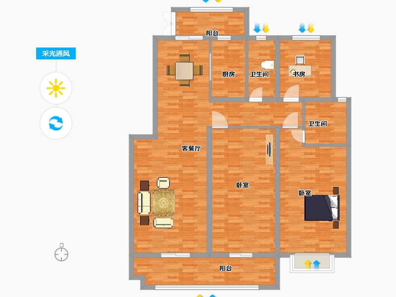 陕西省-西安市-雁泊台135㎡-131.89-户型库-采光通风