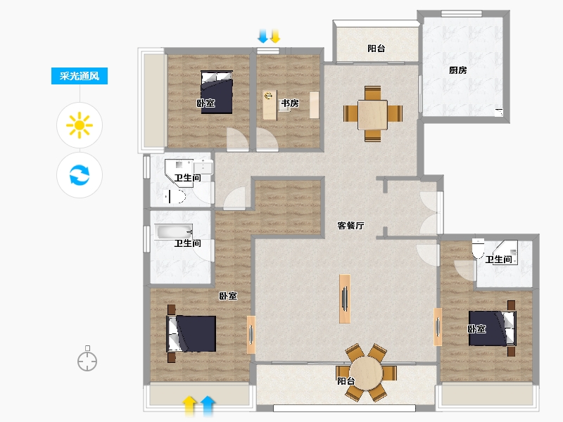 陕西省-西安市-中海长安府8号楼A1户型192㎡-153.91-户型库-采光通风