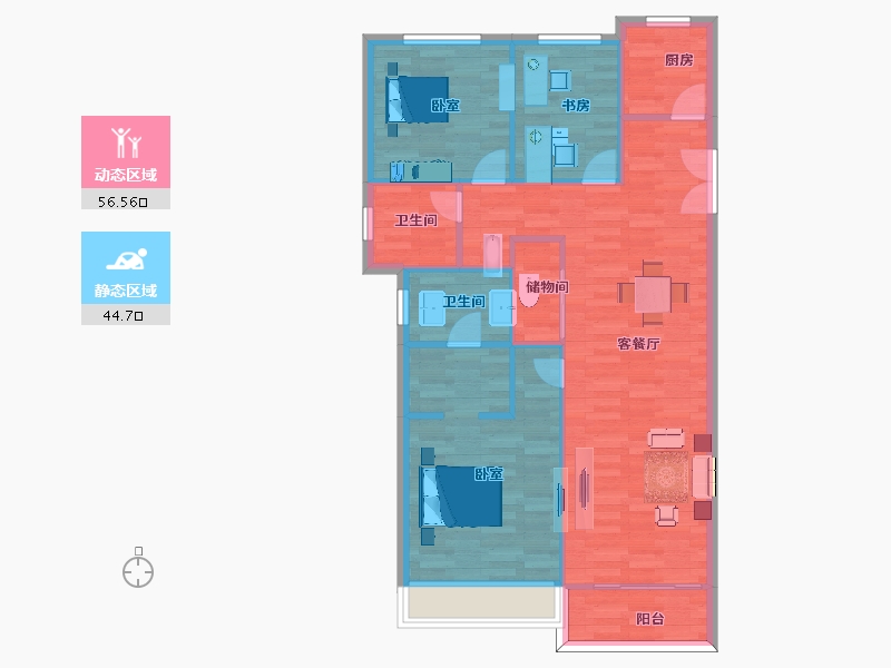 陕西省-西安市-沣水云岭6号楼,8号楼,1号楼128㎡-92.58-户型库-动静分区