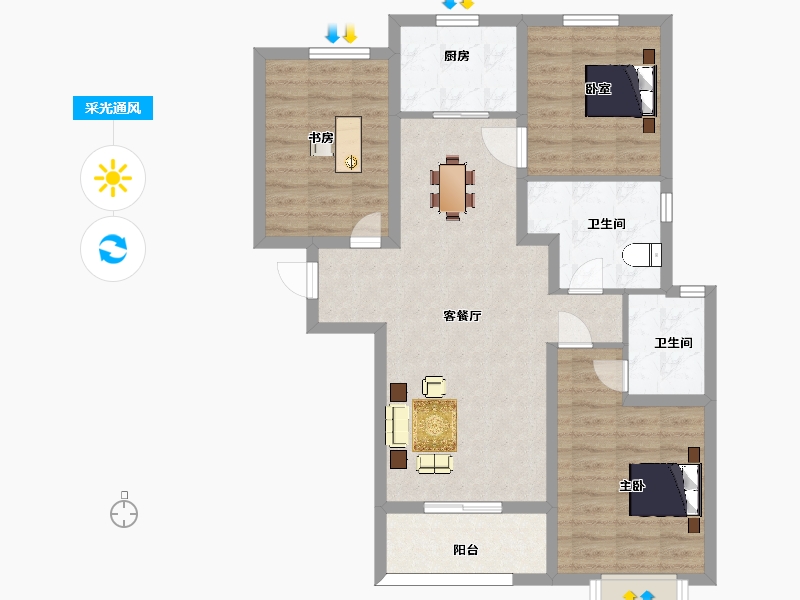 陕西省-西安市-大华锦绣前城三期23号楼120㎡-87.40-户型库-采光通风